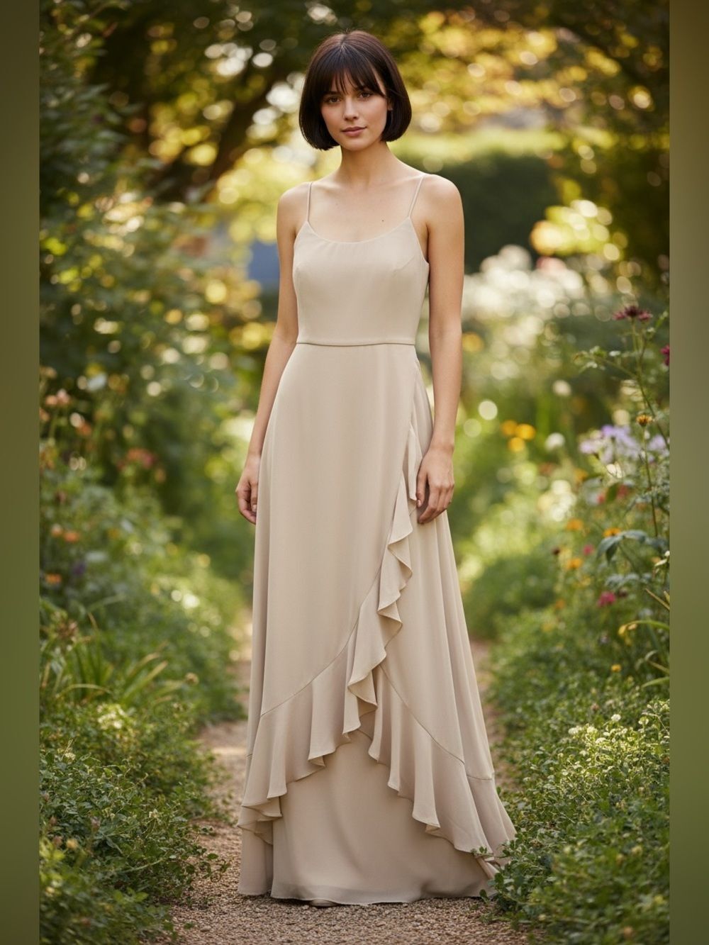 NEW Jenny Packham Bridesmaid Champagne Lux Chiffon Spaghetti Strap Gown Dress 6R